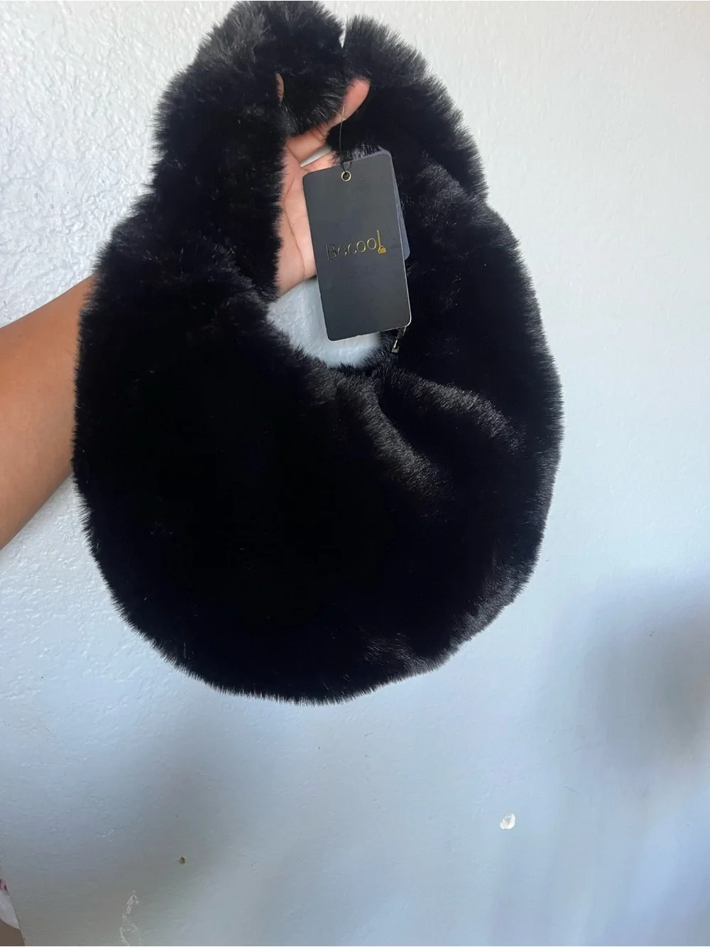 BE COOL Black Plush Faux Fur Hobo Bag